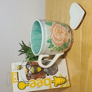 Time for tea Floral studio pottery mug, heart tea Pat with tea infuser